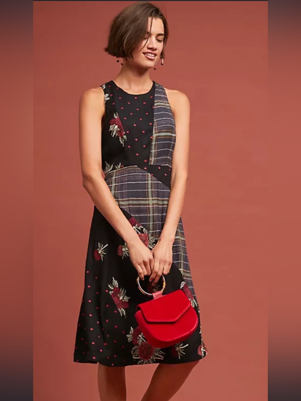 Maeve by Anthropologie Embroidered Plaid Maxi Dress Black & Red XS